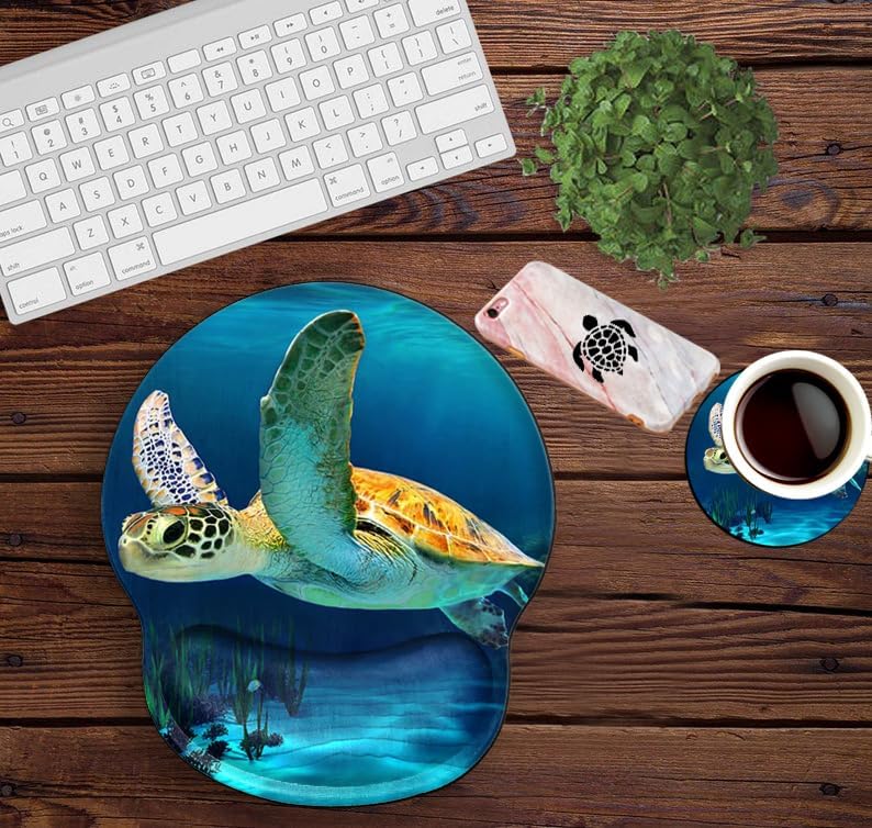 Sea Turtle Mouse Pad with Wrist Support Ergonomic Gel Mousepad Wrist Rest for Carpal Tunnel Cute Mouse Mat for Laptop Office Work Women Men Kids with A Coaster