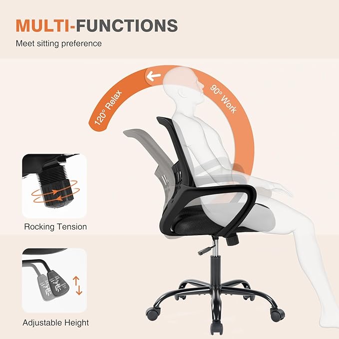 Sweetcrispy Home Office Managerial Executive Chair, Ergonomic Mesh Adjustable Swivel Mid-Back Computer Desk Chair with Comfortable Lumbar Support, Comfy Arms for Bedroom,Study