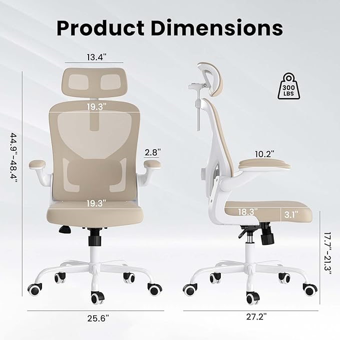 Ergonomic Mesh Office Chairs with Lumbar Support and Adjustable Headrest, High Back Comfortable Computer Desk Chair with Wheels and Armrests, Home Office Rolling Gaming Chair, Max Load 350 lbs (Khaki)