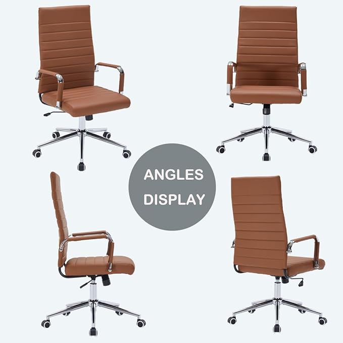 Brown Leather Ribbed Office Desk Chair, Ergonomic High-Back Executive Conference Room Chairs with Wheels, Adjustable Swivel Computer Task Chair with Arms and Thick Padded Seat