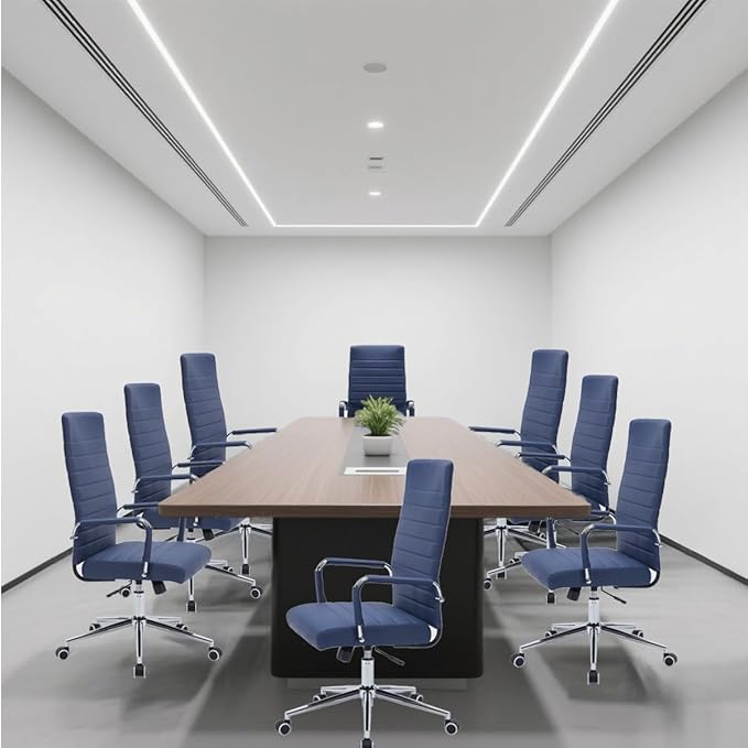 Navy Blue Leather Ribbed Office Desk Chair, Ergonomic High-Back Executive Conference Room Chairs with Wheels, Adjustable Swivel Computer Task Chair with Arms and Thick Padded Seat