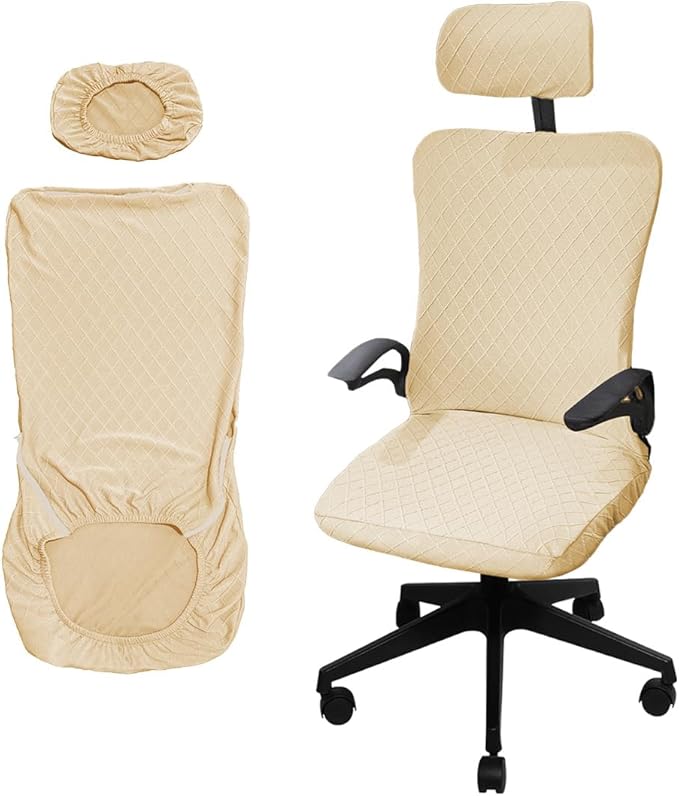 Ergonomic Office Chair Covers Set with Headrest Cover Stretch Desk Computer Chair and Headrest Slipcovers Washable Protector Slipcovers for Swivel Computer Chair 2 Pieces Beige