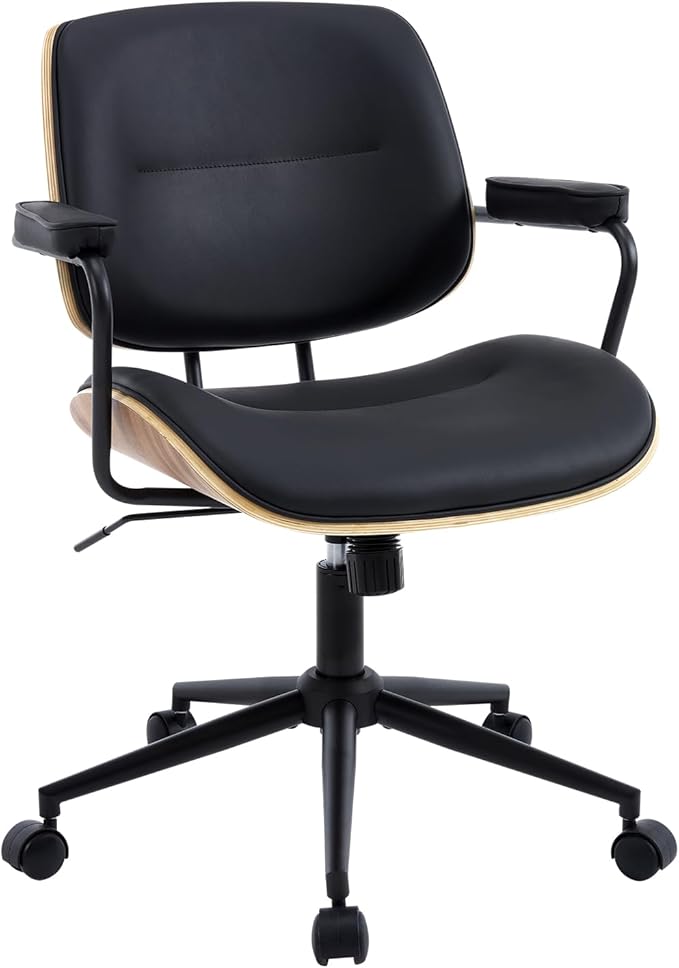 BV BONNE VIE Mid Century Walnut Office Chair with Arms, Adjustable Swivel Desk Chair, Leather Computer Chair with Rolling Wheels for Home Office or Study Room, Black
