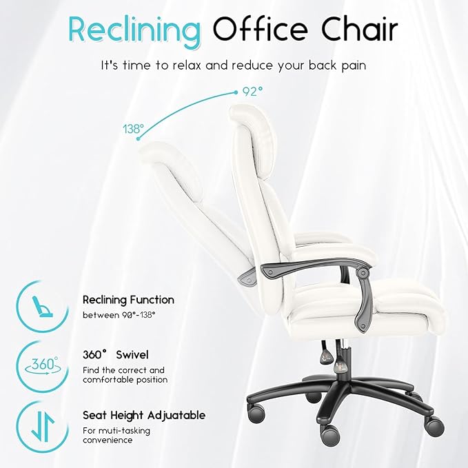Ollega Reclining Office Chair, Executive Big and Tall Office Chair with Wide Seat, Recliner Leather High Back Computer Desk Chairs (White)