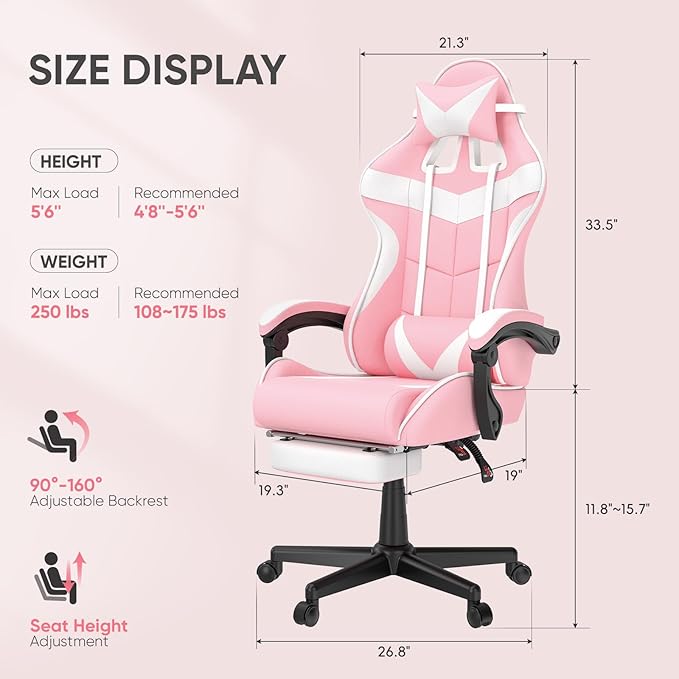 Soontrans Pink Gaming Chairs with Bunny Ears, Footrest,Ergonomic Home Office Desk Pink Chair,Lovely PC Computer Game Chair with Headrest and Lumbar Support Gamer Chair for Girls