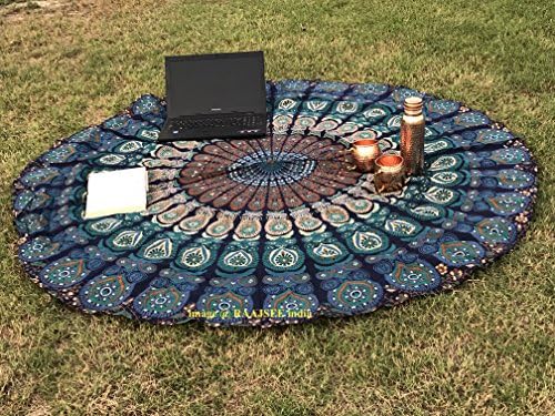 Raajsee Round Beach Tapestry Turquoise Mandala Throw/Boho Hippie Beach Blanket Roundie/Indian Cotton Bohemian Large Round Table Cloth-Home Decor/Yoga Mat Meditation Picnic Rug 69 inch