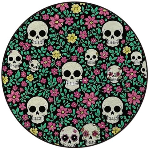 Dark Romantic Skull Anti-Slip Gaming Chair Mat for Hardwood Floors, Gothic Nature Design Rubber Floor Protector for Computer & Gaming Chairs, Green Diameter 43.3 in