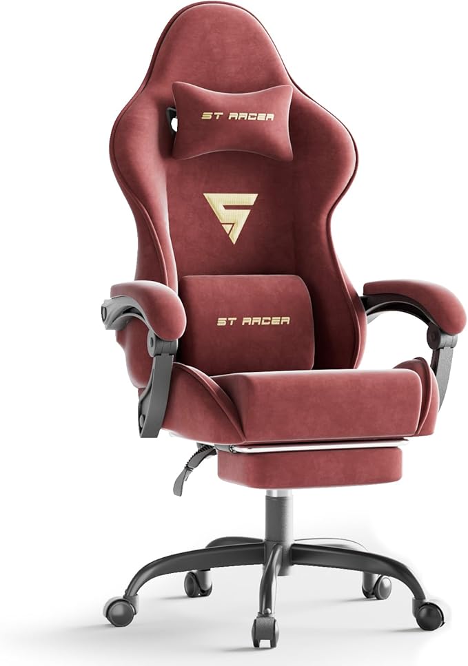 Gaming Chair Racing for Adult, Office Chair with Footrest Massage Lumbar Cushion, Velvet Fabric Reclining Video Game Chairs, Ergonomic Computer Chairs Height Adjustable, for Home Streaming, Red