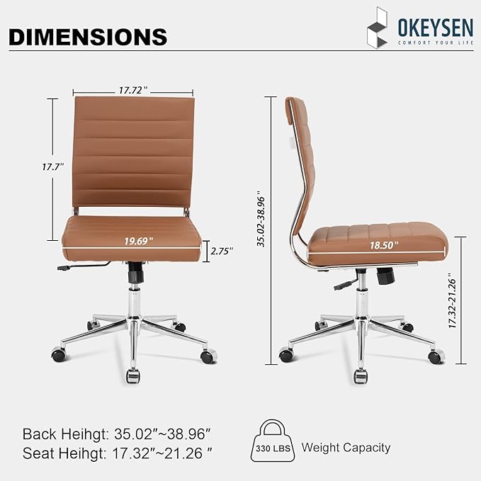 Okeysen Armless Office Desk Chair, Mid Back Leather Conference Room Chairs Without Armrests, Modern Office Chair Ribbed.