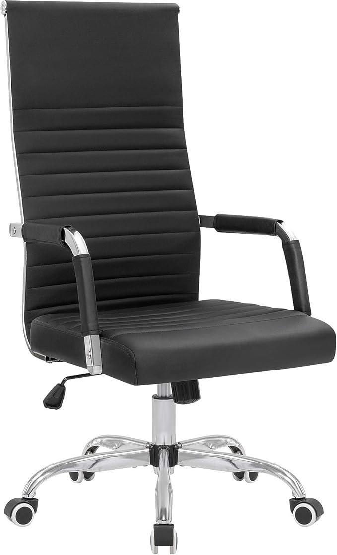 Ribbed Office Chair High Back PU Leather Desk Chair Adjustable Swivel Task Chair Computer Chair with Armrest for Conference Study Leisure (Black)