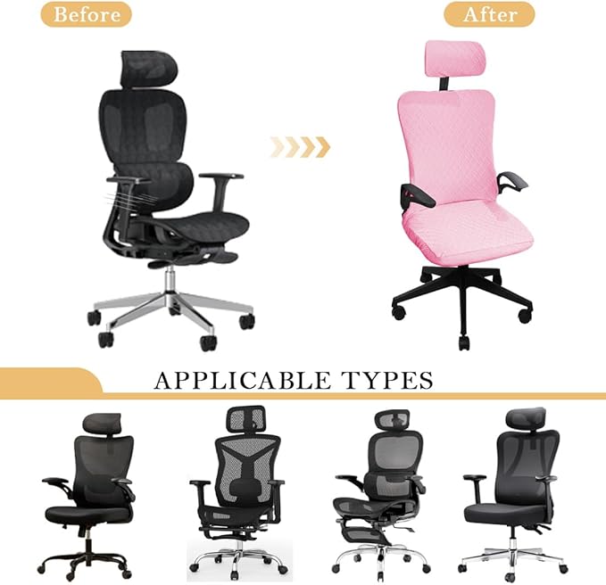 Ergonomic Office Chair Covers Set with Headrest Cover Stretch Desk Computer Chair and Headrest Slipcovers Washable Protector Slipcovers for Swivel Computer Chair 4 Pieces Pink