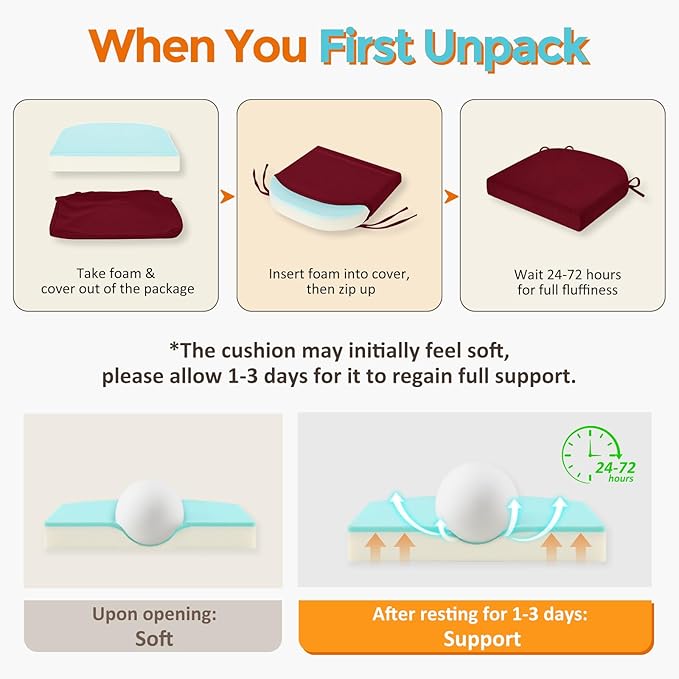 downluxe Chair Cushions for Dining Chairs, Memory Foam Linen Kitchen Chair Pads with Ties, Waterproof, Stain-Resistant and Washable Cover, 17" x 16" x 2.5", Red, 4 Pack