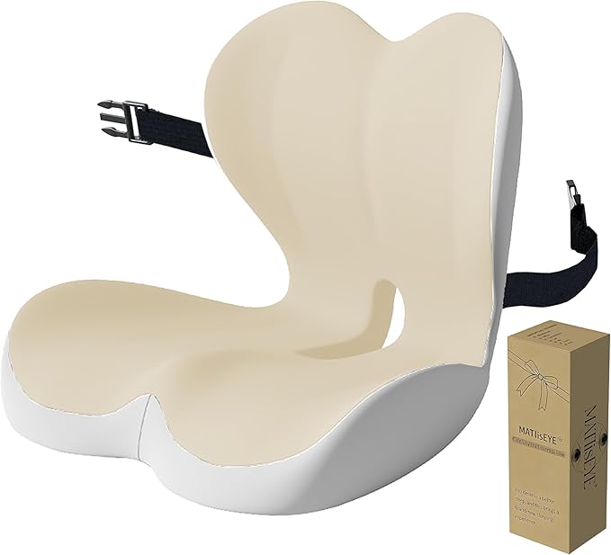 Orthopedic Memory Foam Seat Cushion with Adjustable Strap, Coccyx & Sciatica Pain Relief, Washable Non-Slip for Long Sitting, Ergonomic Posture Support for Office Chair, Car & Wheelchair (Beige Grey)