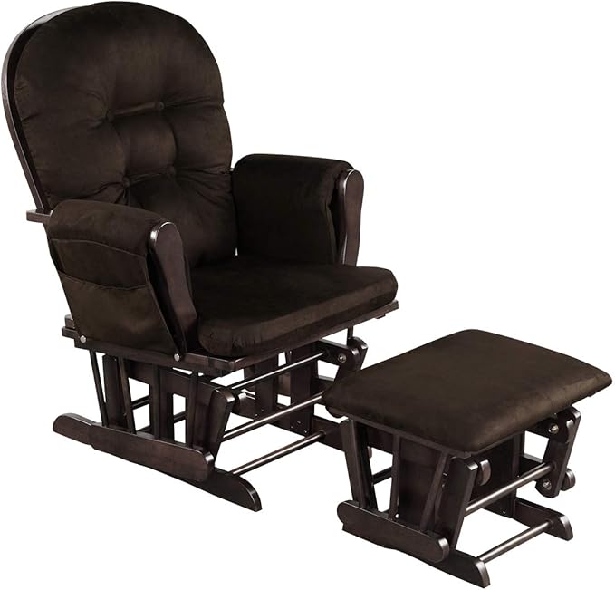 Costzon Nursery Glider with Ottoman, Upholstered Comfort Glider Rocker with Padded Cushion, Storage Pocket, Solid Wood Base, Rocking Chair Nursery for Breastfeeding, Napping (Brown)