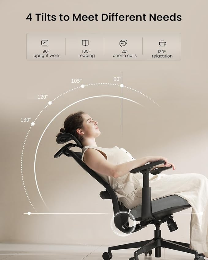 ProtoArc Ergonomic Office Chair – EC200 High-Back Mesh Computer Chair with Lumbar Support, 3D Adjustable Headrest & Sliding Seat for 8+ Hour Comfort, Big & Tall Home Office Desk Chairs - Light Grey