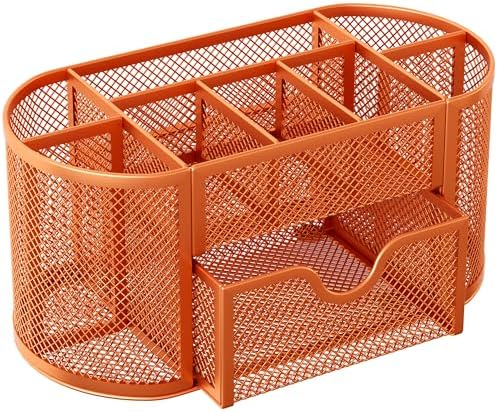 EasyPAG Mesh Pen Holder Desk Organizer with Drawer Stationery Supplies Organizer for Dorm School 9 Compartments Workspace Desk Accessories Organization for Office, Orange