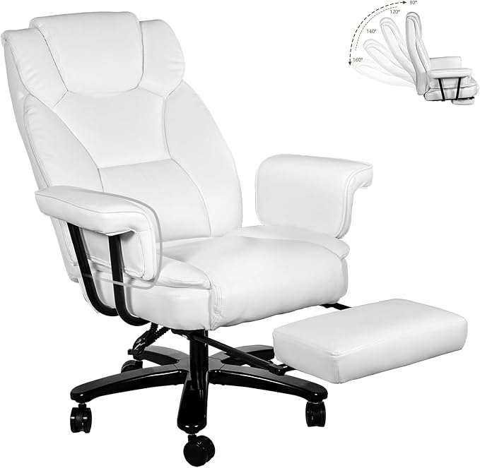 Reclining Office Chair with Footrest, Big and Tall Home Office Desk Chairs 400lbs with High Back, Criss Cross Wide Seat, Heavy Duty Base, Pu Leather, White
