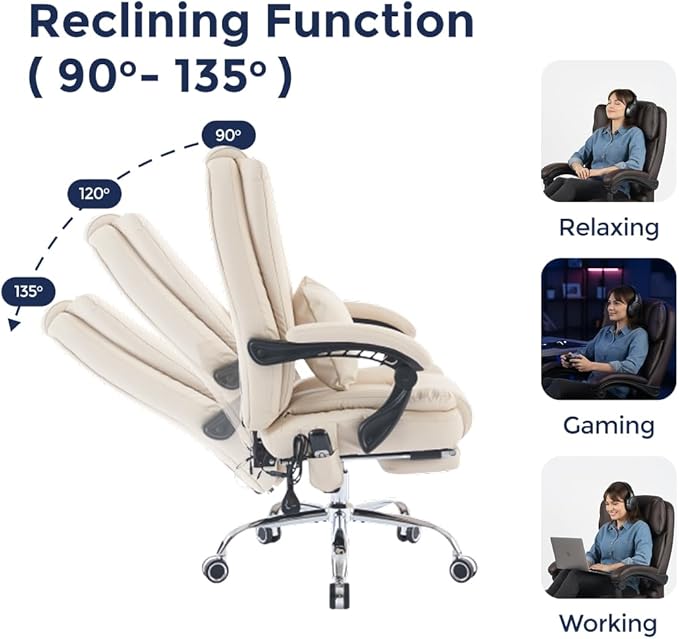 Orbis 4-Point Kneading Heated Massage Office Chair with Foot Rest | 500lbs Big & Tall Ergonomic Executive Desk Chair for Heavy People | Reclining Home Office Computer Chair | Leather Beige
