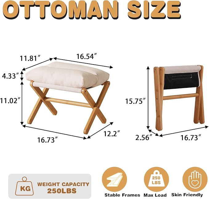 Baveke Ottoman Foot Rest- Bamboo Foldable Stool, Foot Stools Small Ottman with Upholstered & X Legs, Folding Shoe Bench, Bedroom and Living Room, Small Beige(FSC-Certified Bamboo)