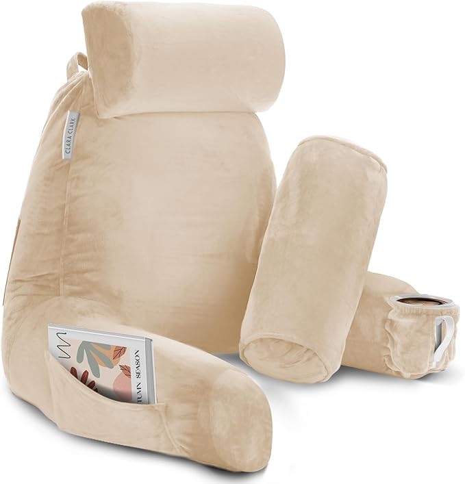 Clara Clark Reading Pillow with Shredded Memory Foam Includes 2 Neck and Lumber Support Pillows, Designed for Sitting Up in Bed and Couch, Back and Arms Adjustable Support for Adults Beige Cream