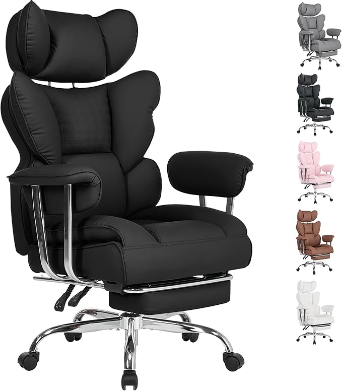 DUMOS Big and Tall Office Chair 350 LBS, Scratch-Resistant PU Leather Executive Office Desk Chair with Footrest, Ergonomic Reclining Computer Chair with Pocket Spring Support for Home Office, Black