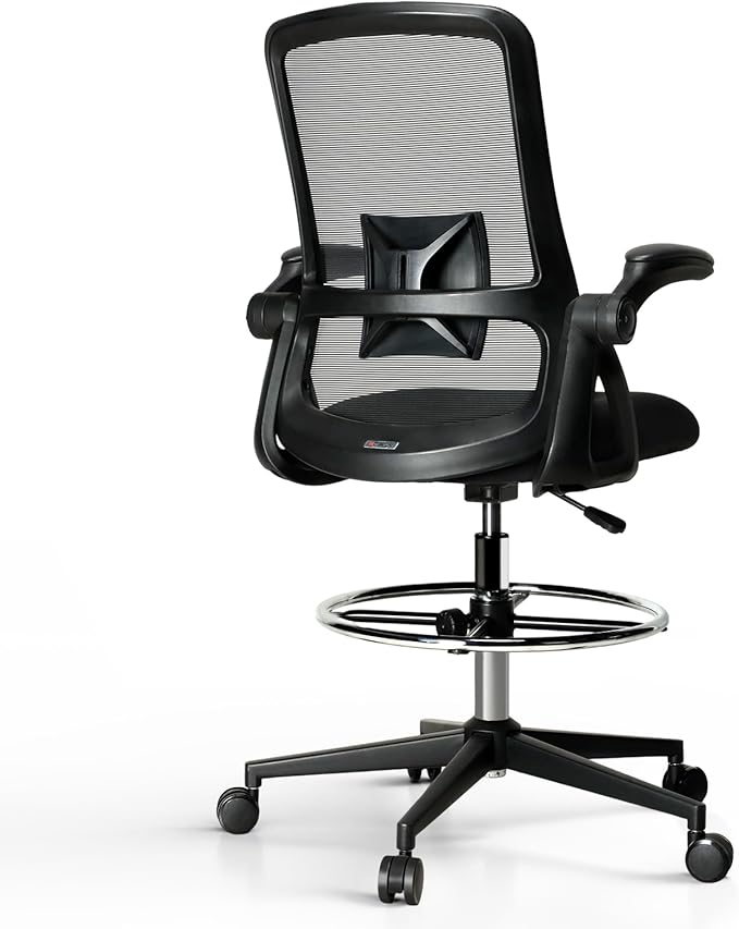 Mesh Drafting Chair, Tall Office Chair with Lumbar Support, Ergonomic Desk Chair with Flip up Armrests, Standing Desk Chair with Adjustable Footrest Ring, Breathable Back, Black