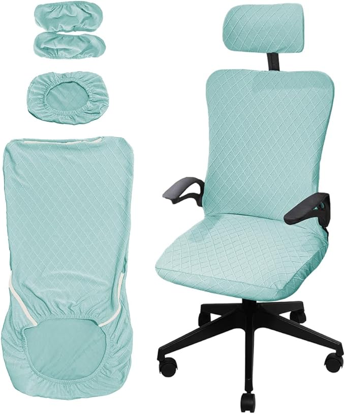 Ergonomic Office Chair Covers Set with Headrest Cover Stretch Desk Computer Chair and Headrest Slipcovers Washable Protector Slipcovers for Swivel Computer Chair 4 Pieces Elegant Blue