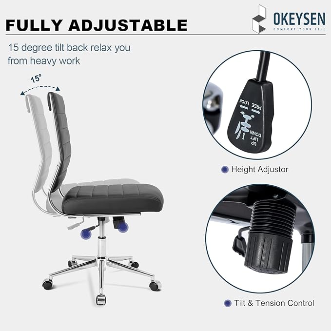 Okeysen Armless Office Desk Chair, Mid Back Leather Conference Room Chairs Without Armrests, Modern Office Chair Ribbed.