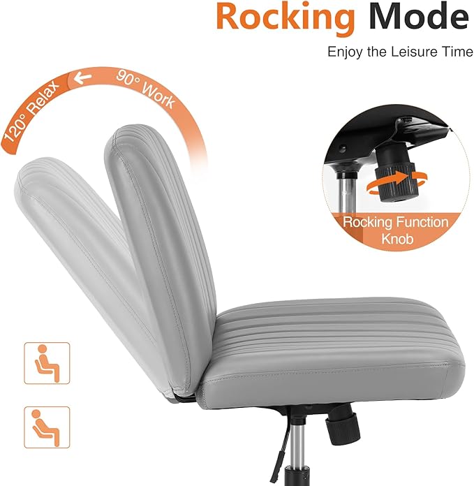 Sweetcrispy Criss Cross Chair Legged, PU Leather Armless Office Swivel Desk Chairs No Wheels, Vanity Height Adjustable Wide Seat Faux Leather Computer Task Chair for Home Bedroom, PU-Grey