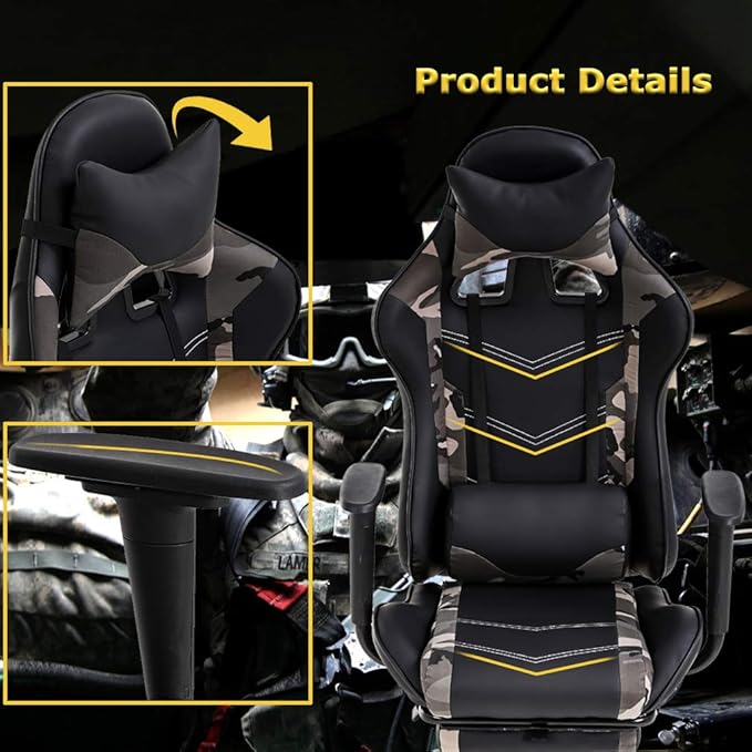 BestOffice | Ergonomic Gaming Chair | Camo | Reclining Computer Chair with Lumbar Support, Headrest Pillow, Adjustable Footrests | 360 Swivel with Heavy Duty Wheels | for Home & Office