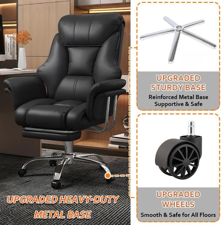 Big and Tall Office Chair 550 lbs Extra Wide Leather Executive Chair with Retractable Footrest, Heavy-Duty Ergonomic Chair, Adjustable Height Computer Gaming Chairs