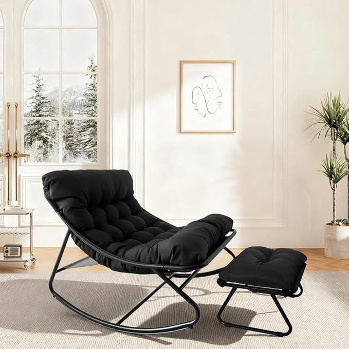 OPLukAS Rocking Chair with Foot Rest, Outside Rocking Chair, Comfy Rocking Chairs with Thick Cushion and Frame, Mecedora for Outside Porch Patio Backyard Balcony Bedroom Offices (Black)