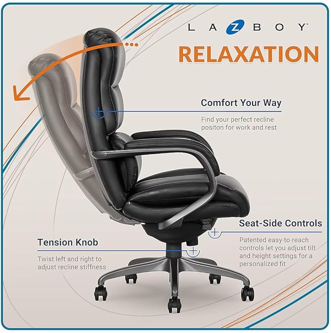 La-Z-Boy Aberdeen Ergonomic Executive Office Chair, Bonded Leather, Swivel, Reclines, Adjustable Arms, Lumbar Support, Black