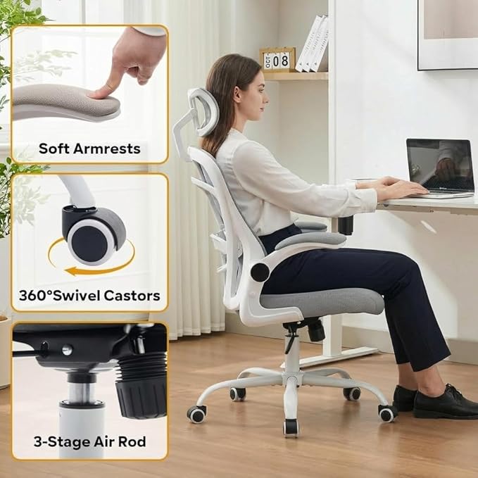 Ergonomic Mesh Office Chair, High Back Desk Chair with Adjustable Lumbar Support & Headrest, Flip-Up Armrests, 300 Lbs Capacity, Swivel Rocking Computer Chair for Home Office Study Bedroom White