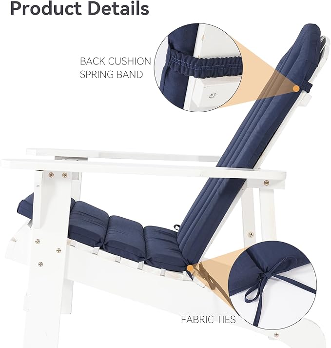 Adirondack Chair Cushion Set of 2 Indoor Outdoor Furniture Cushions Rocking Chair Cushions with Straps Replacement Folding Patio Chair Pad,19.7x18.9x1.5 Inch（Navy）