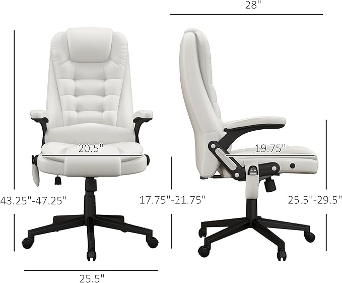 HOMCOM High Back Vibration Massage Office Chair with 6 Vibration Points, Heated Reclining PU Leather Computer Chair with Armrest and Remote, White