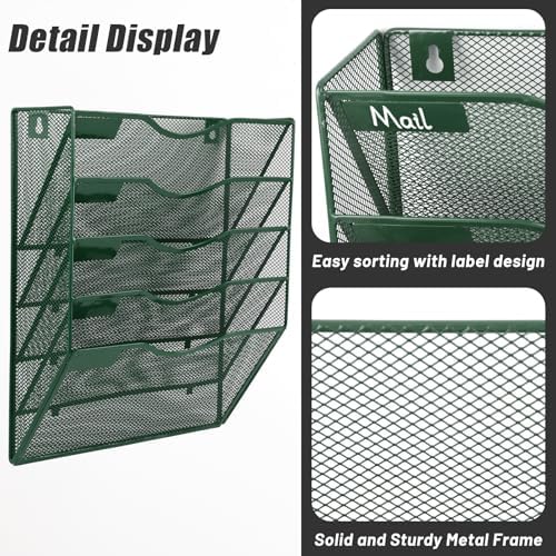 EASEPRES 5 Pocket Mesh Hanging File Organizer, Wall Mounted Mail Paper Document Folder Holder, Clipboard Storage Organization Magazine Rack with Nametag Label for Office Home School, Dark Green