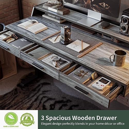 CubiCubi One-Piece Standing Desk 55x26 with 3 Wood Drawers, Antique Grey