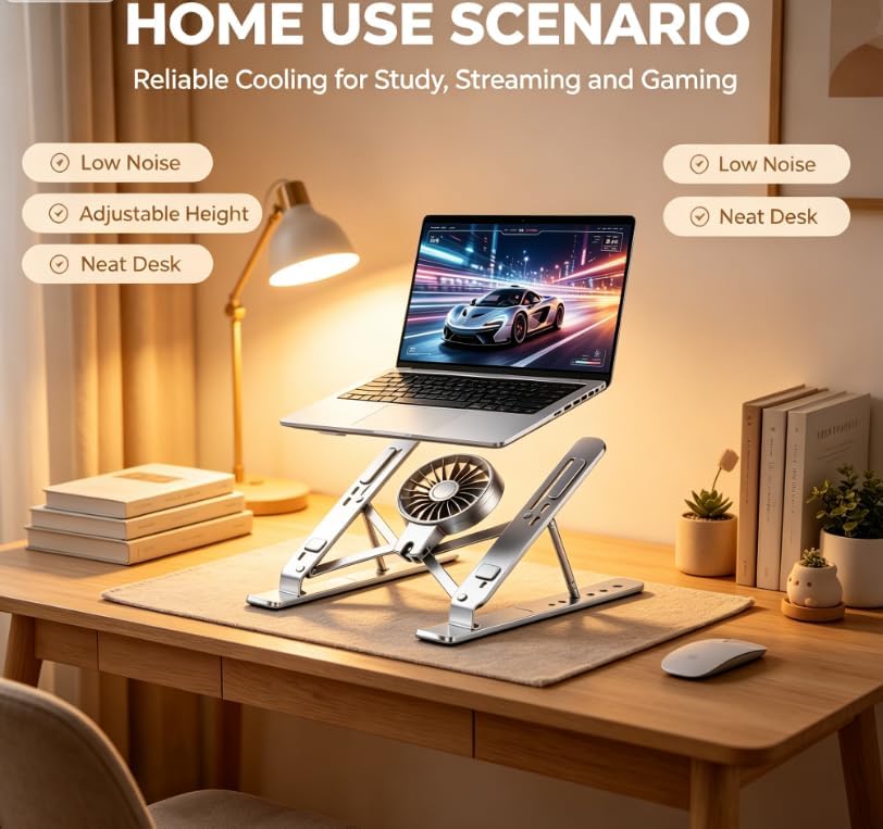 Laptop Stand for Desk, Foldable Portable Laptop Stand Notebook Holder, Detachable Silent Cooling Fan Notebook Mount Stand for 10-15.6” LaptopsTablets Perfect for Office/Home (Black)