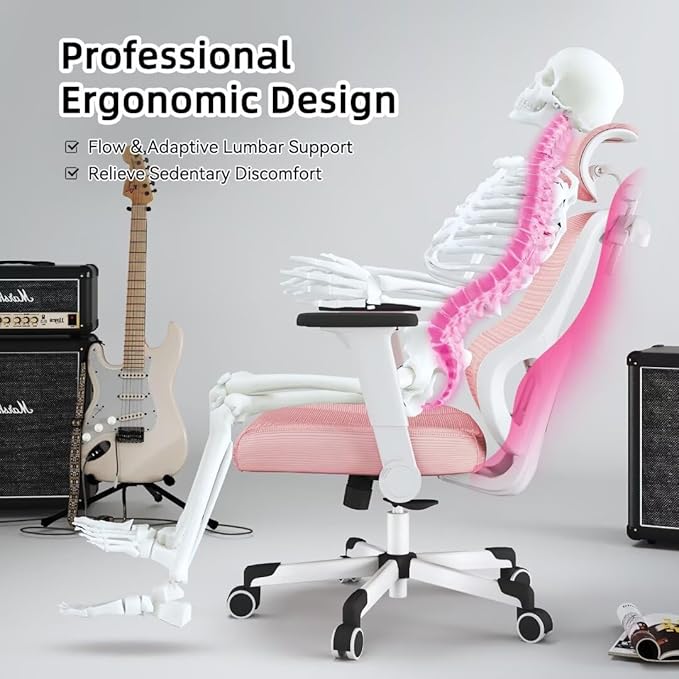 Ergonomic Office Chair Big Tall Reclining Gaming Chair Adjustable Lumbar Support 6D Armrest 6D Headrest Breathable Mesh Swivel Computer Chairs Home Task Desk Chair Wheels Coat Hanger Tilt Lock Pink
