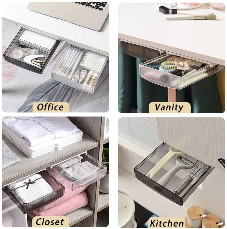 SOUJOY 3 Pack Under Desk Drawer, Self-Adhesive Slide Out Organizer Tray, Plastic Stick On Table Hidden Attachable Drawer Tray for Office Home School Kitchen