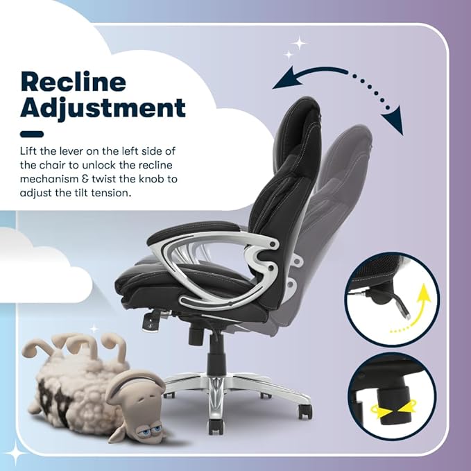 Serta Bryce Executive Office Chair, Ergonomic Computer Desk Chairs with Patented AIR Lumbar Support, Comfy Body Pillows, Height Adjustable, Swivel Base with Wheels, Bonded Leather, Black