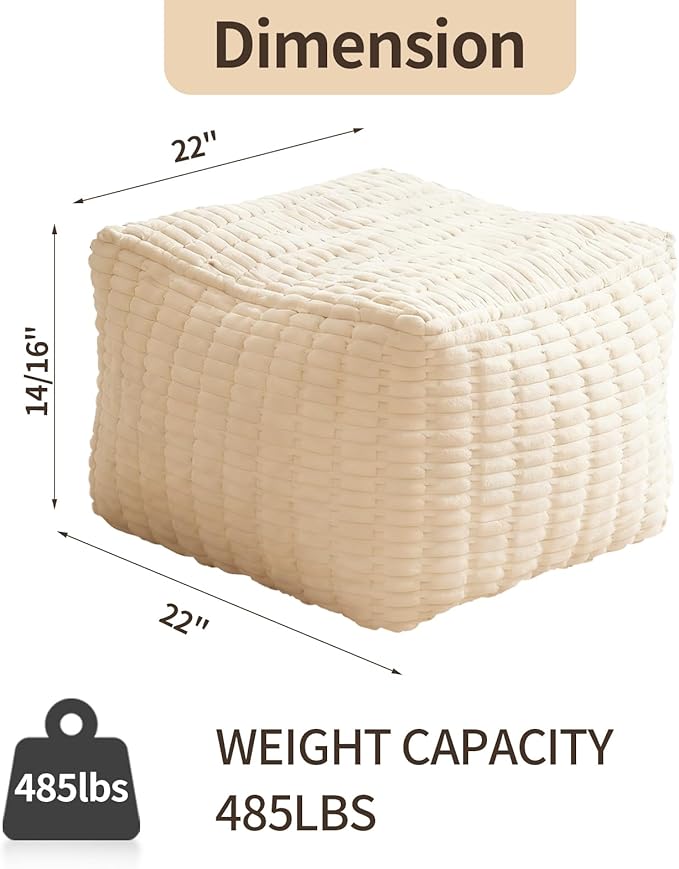 Pouf Ottoman, Soft Corduroy Pouf, Poofy Ottoman Foot Rest，Poufs for Adults, Poofs & Ottomans Furniture, Floor Poof-Chair for Living Room & Bedroom(1PC, Beige White, 22"×22"×14")