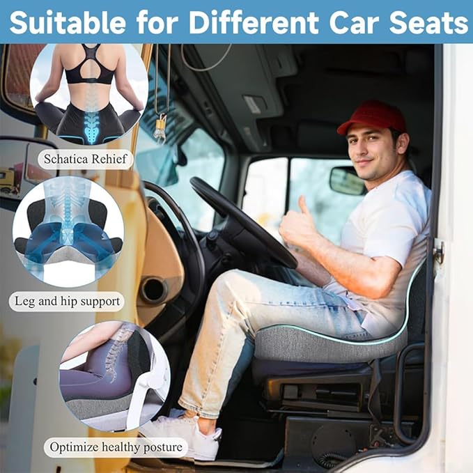 Memory Foam Seat Cushion for Truck Drivers Car Seat & Office Chairs Ergonomic Chair Cushion for Back Pain, Sciatica & Tailbone Relief – Non-Slip Cover, Long Sitting Support & Driving (Gray)