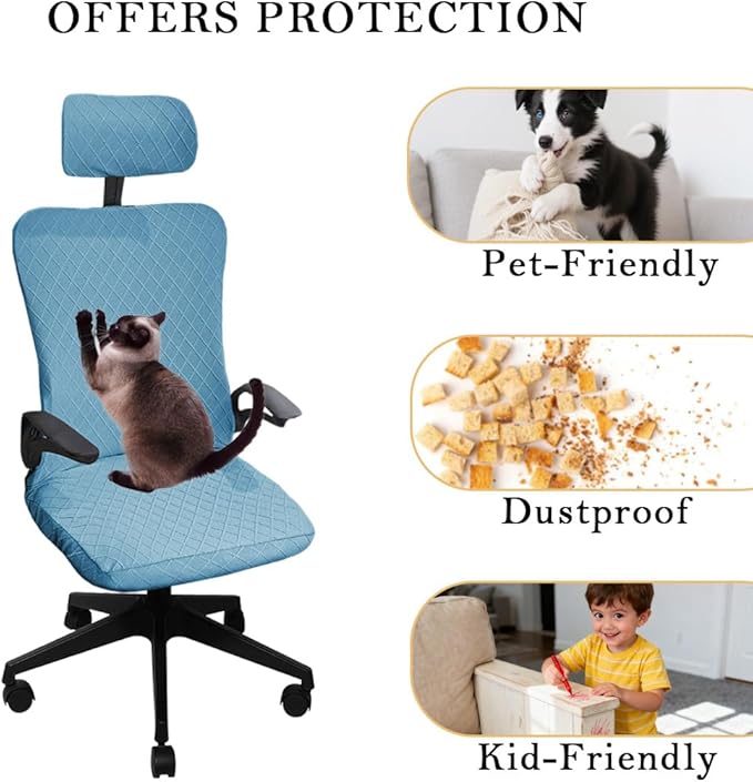 Ergonomic Office Chair Covers Set with Headrest Cover Stretch Desk Computer Chair and Headrest Slipcovers Washable Protector Slipcovers for Swivel Computer Chair 2 Pieces Azure