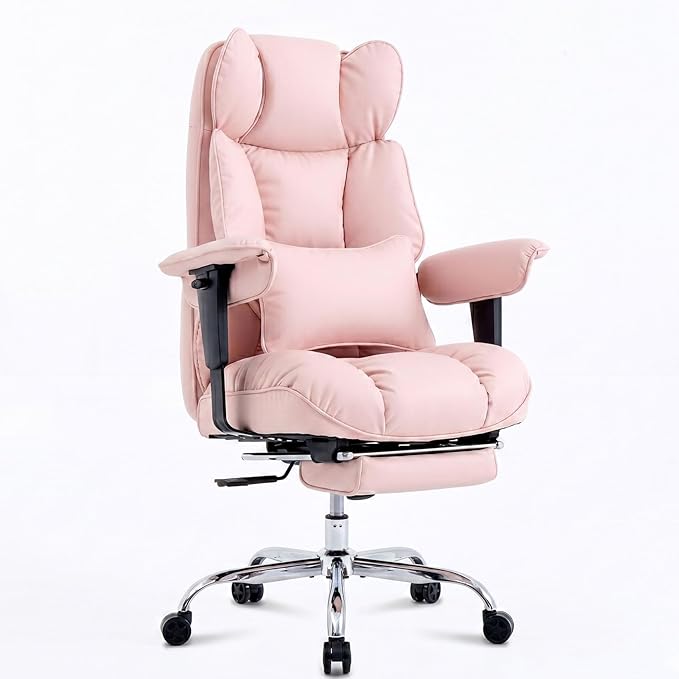 Efomao Big and Tall Office Chair 400lbs - Heavy Duty Reclining Desk Chair with Footrest, Spacious High Back PU Leather Executive Chair, Double-Layer Spring Support, Pink