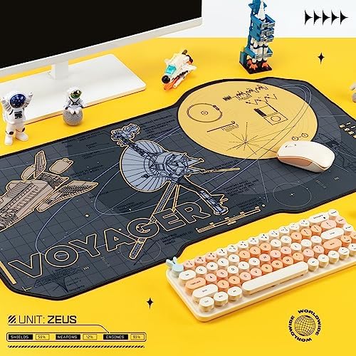 BelugaDesign Space Desk Pad | Voyager Spaceship Moon Galaxy Science SciFi Nerdy Mouse Pad | Large Gray Gold Keyboard Laptop Gaming Mousepad | Machine Washable Non-Slip Desk Blotter Protector Mat