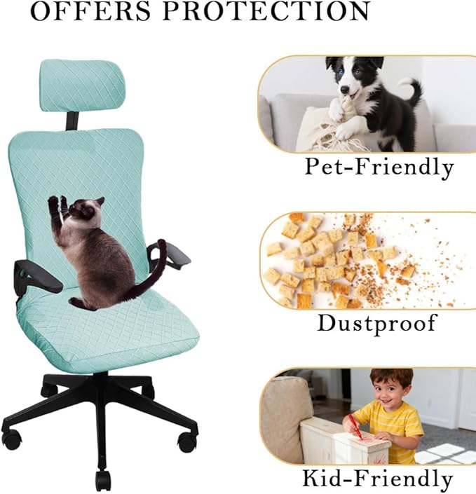 Ergonomic Office Chair Covers Set with Headrest Cover Stretch Desk Computer Chair and Headrest Slipcovers Washable Protector Slipcovers for Swivel Computer Chair 4 Pieces Elegant Blue