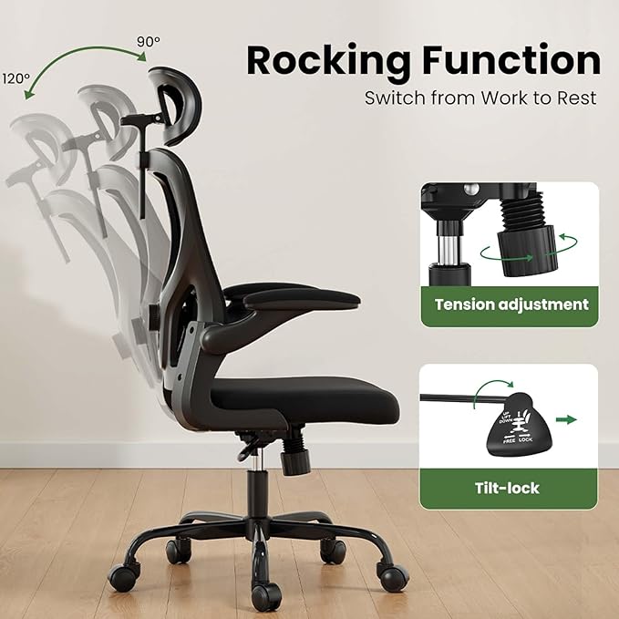 Ergonomic Mesh Office Chairs with Lumbar Support and Adjustable Headrest, High Back Comfortable Computer Desk Chair with Wheels and Armrests, Home Office Rolling Gaming Chair, Max Load 350 lbs (Black)