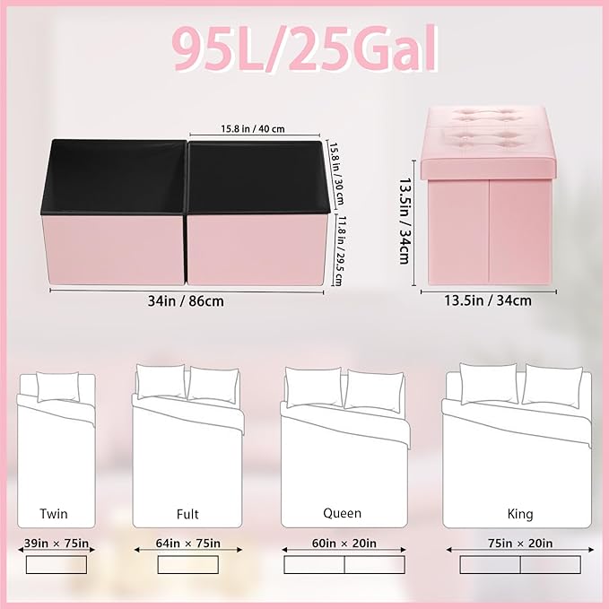 Folding Ottoman Bench with Storage - 34Inches Teddy Velvet Foot Stool Ottoman Bench, Padded Seat, Storage Chest,Blanket Store, for Entryway Livingroom and Bedroom,Pink (34" D x 13" W x 13" H)